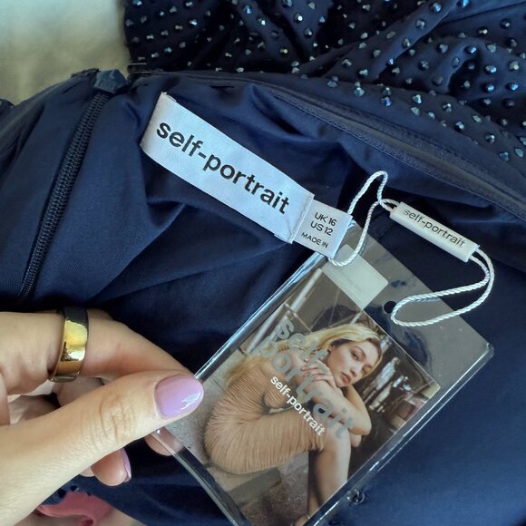 NWT Self-Portrait Cut-out Midi Dress In Navy Allover Rhinestone Front Slit Sz 12 - Picture 3 of 11